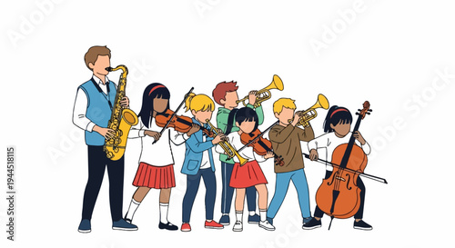Diverse group of children and an adult playing various musical instruments