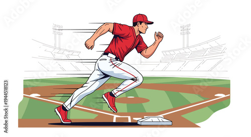 Modern vector illustration of baseball player running between bases during fast paced competitive match