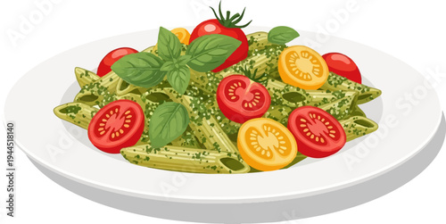 Penne pasta with pesto sauce, cherry tomatoes, and fresh basil leaves