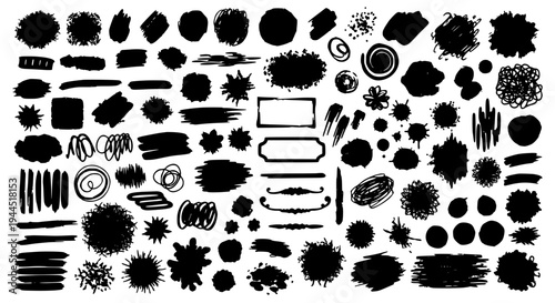 Brushstrokes hand drawn set with black grunge effects, splatters and smudges featuring illustration, artistic, abstract