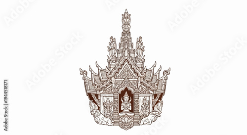 Ornate tiered temple structure with deity and guardian figures, intricate carvings, brown