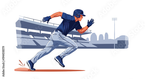 Modern vector illustration of baseball player running between bases during fast paced competitive match