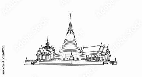 Ornate, tiered stupa with flanking ornate buildings and intricate detailed rooflines