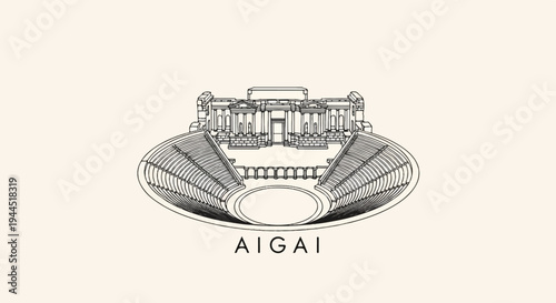 Classical amphitheater with ornate facade and tiered seating, labeled "Aigai