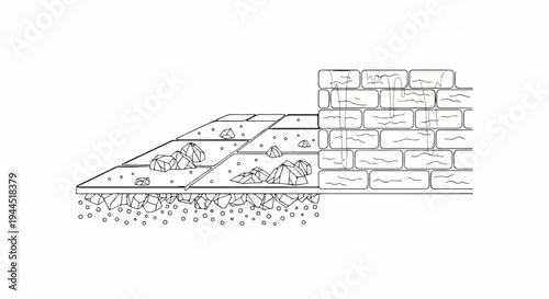 Diagram of layered construction with gravel, rock, and brick wall