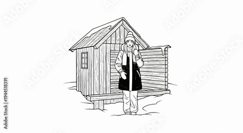 Cozy winter scene of a person in warm clothing by a snow-covered log cabin