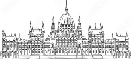 Ornate Gothic-style parliament building with dome, spires, and detailed facade