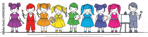 Diverse children in vibrant attire, equipped for artistic creation