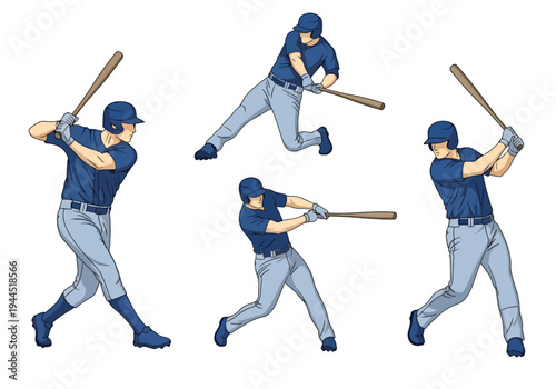 collection set vector illustration of Baseball batter swing sequence showing step by step hitting motion isolated on white background
