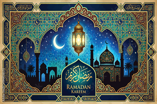 Ramadan Kareem beautiful Islamic illustration with mosque and lantern