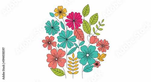 Colorful illustration of flowers and leaves in a loose bouquet