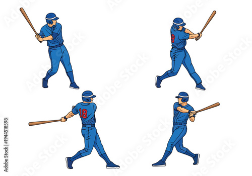 collection set vector illustration of Baseball batter swing sequence showing step by step hitting motion isolated on white background