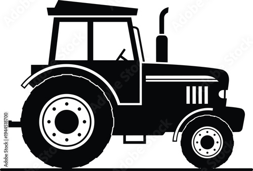 Black and white vector silhouette of a modern farm tractor isolated on a white background for agriculture farming and industrial machine design projects