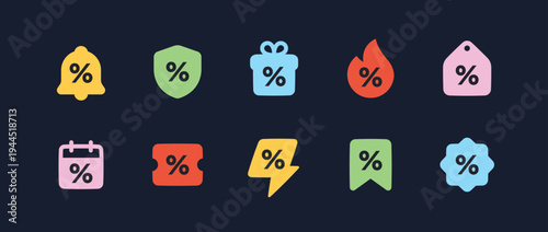 Sale and Discount Solid Icon Set. Flash Sale, Black Friday Promotion, and Marketing Labels.

