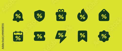 Sale and Discount Solid Icon Set. Flash Sale, Black Friday Promotion, and Marketing Labels.
