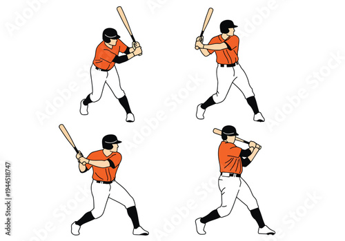 collection set vector illustration of Baseball batter swing sequence showing step by step hitting motion isolated on white background