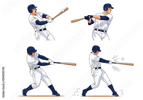 collection set vector illustration of Baseball batter swing sequence showing step by step hitting motion isolated on white background