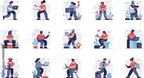 Diverse individuals engaged in modern activities using digital devices and tools