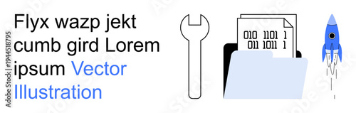 Data analysis, system repair, business innovation, coding, digital storage, futuristic tools. Visual includes binary code sheets, a wrench a file folder and a rocket. Data analysis and system