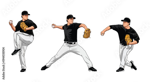 collection set vector illustration of Baseball pitcher throwing sequence, dynamic step by step pitching motion isolated on white background