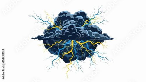 Dark stormy cloud with yellow and blue lightning strikes radiating outward