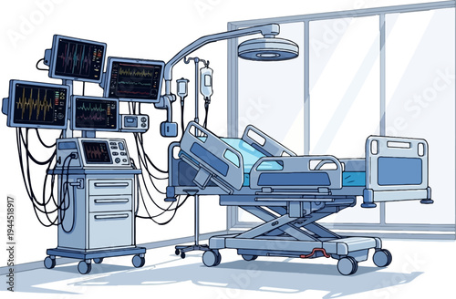 Intensive care unit with hospital bed, monitors, and IV drip