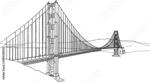 Iconic suspension bridge spanning across a body of water with hills in the background