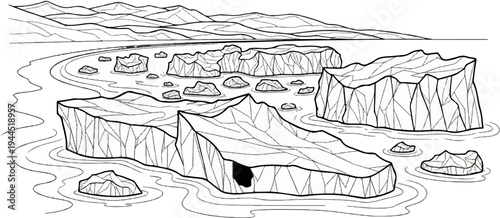 Craggy icebergs float in calm water with distant hills