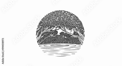 Intricate black and white drawing of a lush, leafy forest canopy over calm water