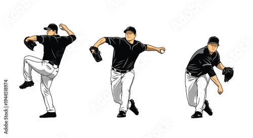 collection set vector illustration of Baseball pitcher throwing sequence, dynamic step by step pitching motion isolated on white background