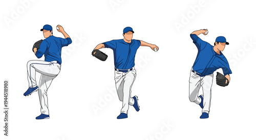 collection set vector illustration of Baseball pitcher throwing sequence, dynamic step by step pitching motion isolated on white background