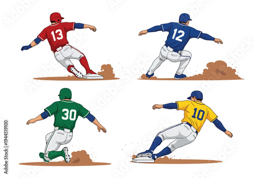 collection set vector illustration of Baseball player sliding into base, competitive game action isolated on white background, perfect for tournament promotion, sports