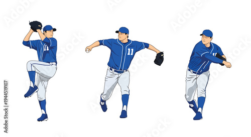 collection set vector illustration of Baseball pitcher throwing sequence, dynamic step by step pitching motion isolated on white background