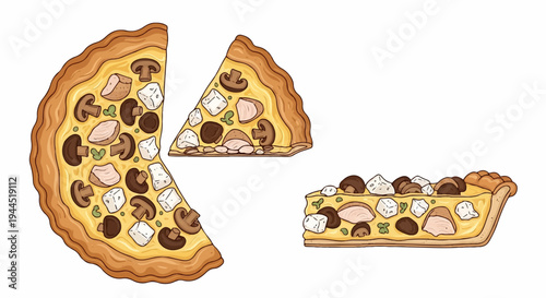 Deliciously illustrated pizza with mushrooms, cheese, and chicken pieces