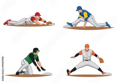 collection set vector illustration of Baseball player sliding into base, competitive game action isolated on white background, perfect for tournament promotion, sports