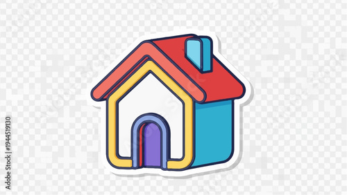 Cartoonish red and blue house with yellow accents, rounded edges