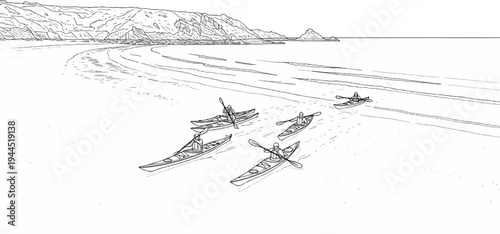 Kayakers paddle on a sunny beach with scenic cliffs in the background