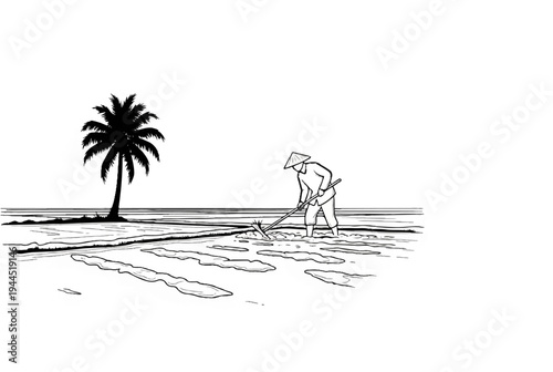 Farmer tending to rice paddies under a palm tree