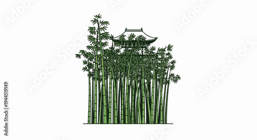 Dense bamboo grove with traditional Asian architectural structure