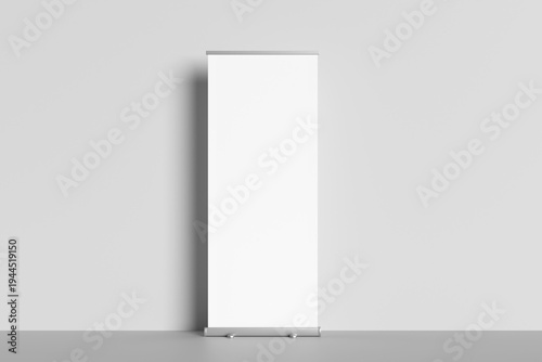 Blank roll up banner 3 display view template isolated on gray background. 3d rendering.