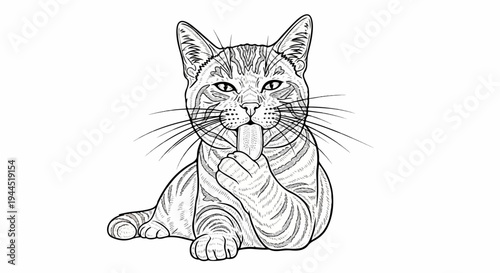Line art drawing of a tabby cat licking an ice cream cone