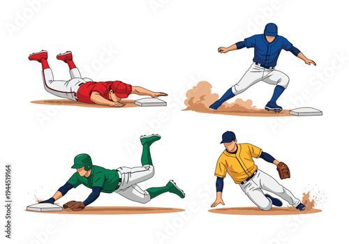 collection set vector illustration of Baseball player sliding into base, competitive game action isolated on white background, perfect for tournament promotion, sports