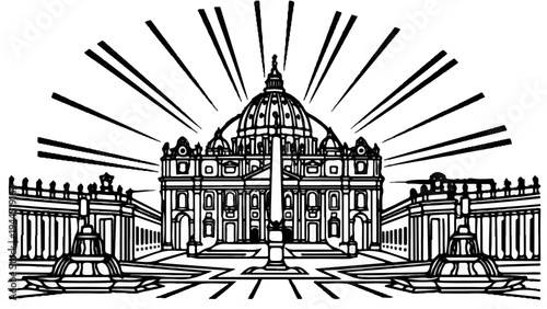 Grand edifice with a dome, colonnades, fountain, and radiating lines