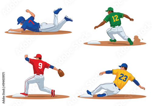 collection set vector illustration of Baseball player sliding into base, competitive game action isolated on white background, perfect for tournament promotion, sports