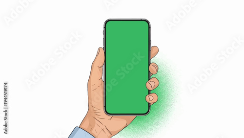 Hand holding a modern smartphone with a green screen