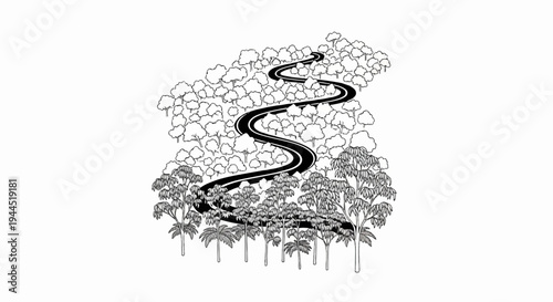 Winding road through dense forest, black and white illustration