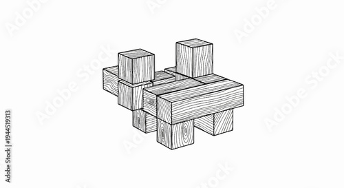 Detailed illustration of interlocking wooden blocks forming a complex structure