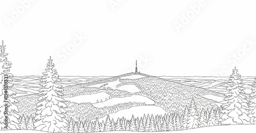 Wireframe sketch of a mountainous landscape with pine trees and a distant tower