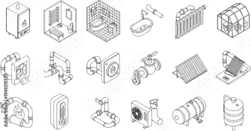 Isometric line drawings of plumbing and HVAC components