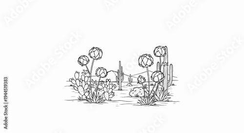 Line art of a desert landscape with various cacti and blooming plants under distant mountains